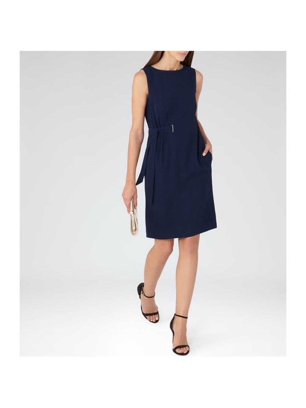 REISS Libra Navy Tie-Waist Sheath Dress
